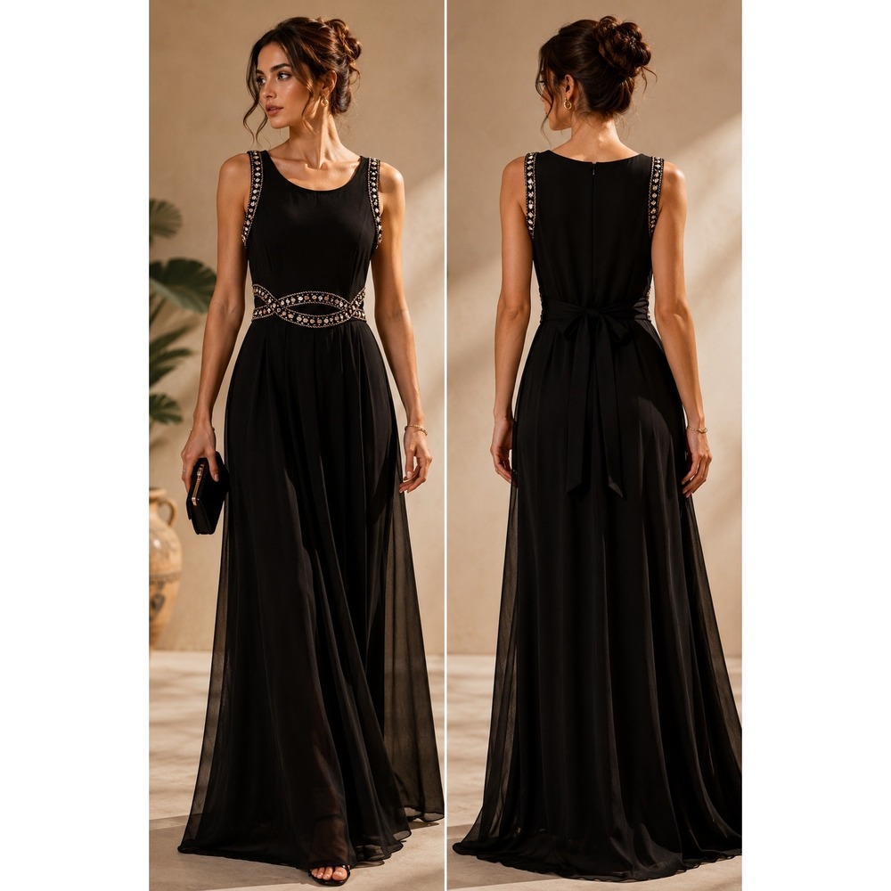 Spense Black Beaded Waist Sleeveless Maxi Dress Formal Gown Dark Romance Sz 4/6